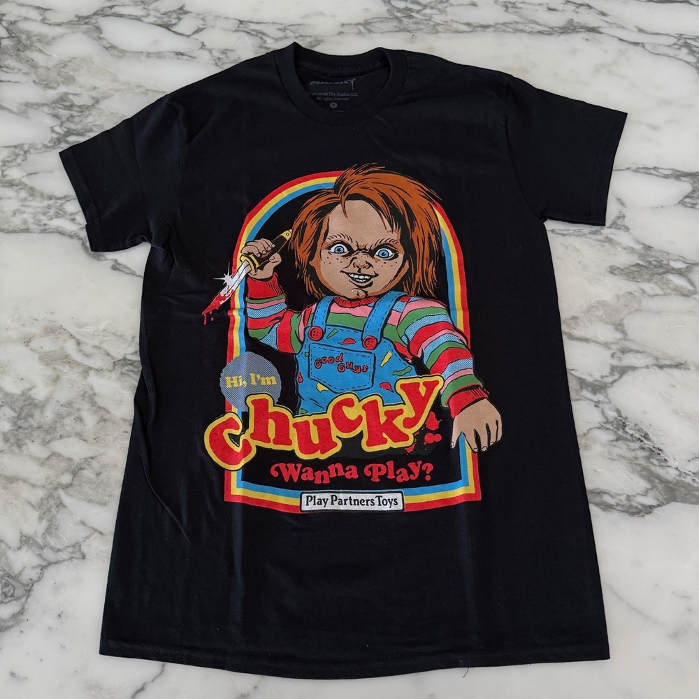 Chucky Unisex T-shirt‎ Size Small Black "Hi I'm Chucky Wanna Play?"